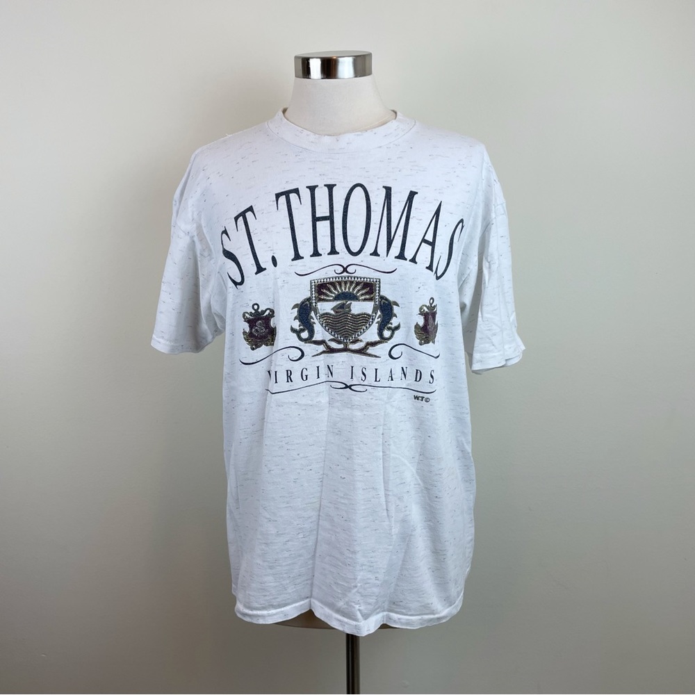 Vintage Oneita St. Thomas Virgin Islands White Gray Tee Shirt Single Stitch